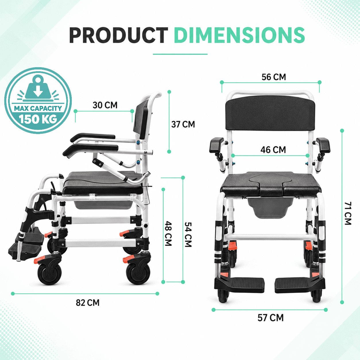 Multifunctional Commode Shower Chair with Flip-Up Armrests and Lockable Wheels – 150kg Capacity image 2