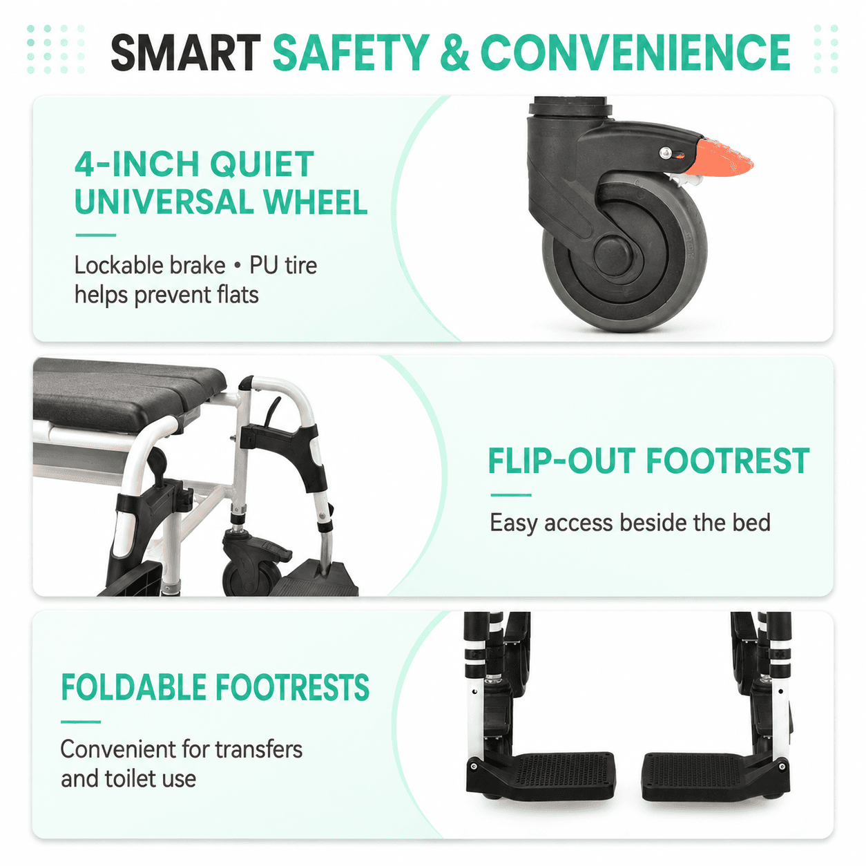 Multifunctional Commode Shower Chair with Flip-Up Armrests and Lockable Wheels – 150kg Capacity image 3