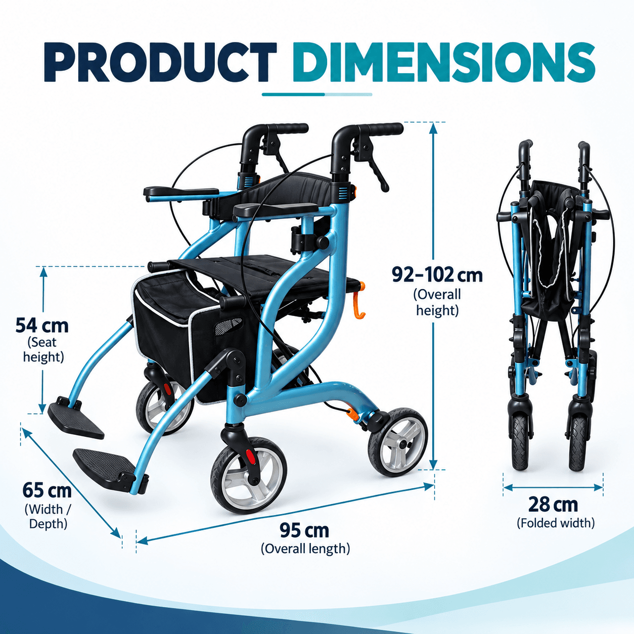 3-in-1 Foldable Rollator Walker Push Chair With Adjustable Handles, Footrests & Storage Bag image 2