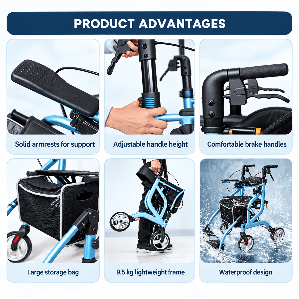 3-in-1 Foldable Rollator Walker Push Chair With Adjustable Handles, Footrests & Storage Bag image 3