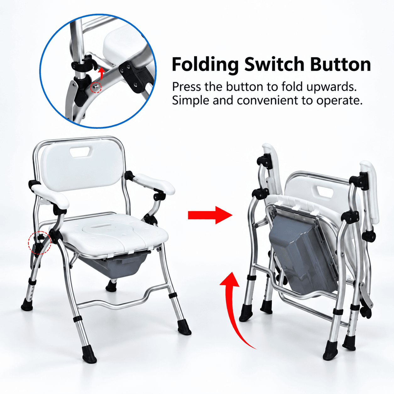 2-in-1 Foldable Shower & Commode Chair with Adjustable Height, Flip-Up Armrests, Shower Hanger & Removable Pail image 3