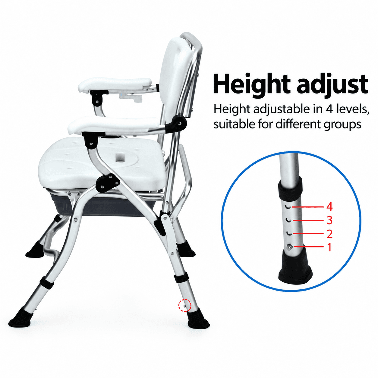 2-in-1 Foldable Shower & Commode Chair with Adjustable Height, Flip-Up Armrests, Shower Hanger & Removable Pail image 5