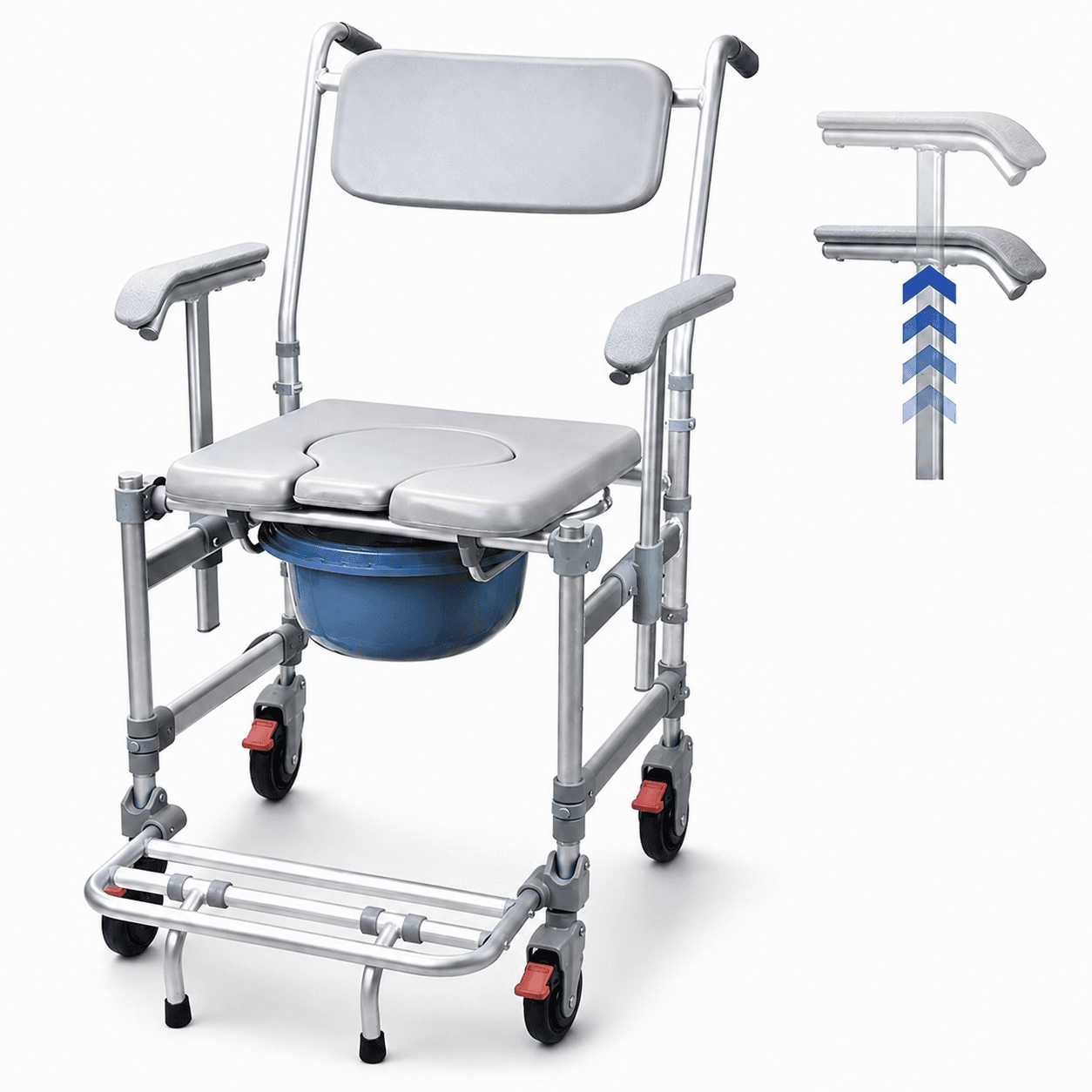 Lightweight Commode Chair With Wheels, Adjustable Armrests & Front Anti-Tipper