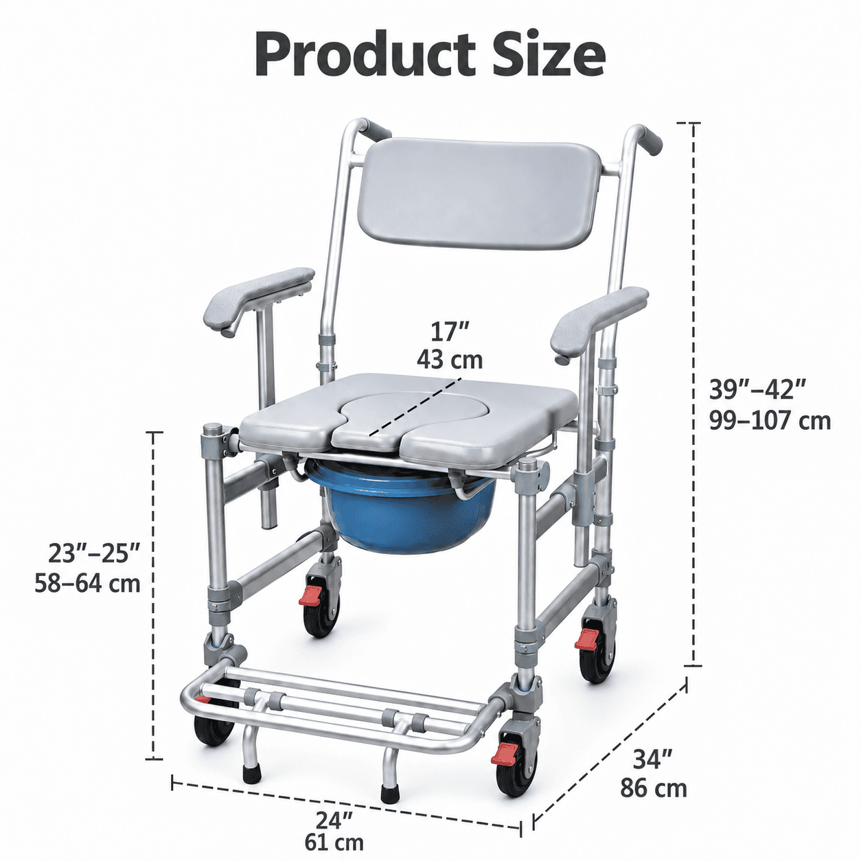 Lightweight Commode Chair With Wheels, Adjustable Armrests & Front Anti-Tipper image 2