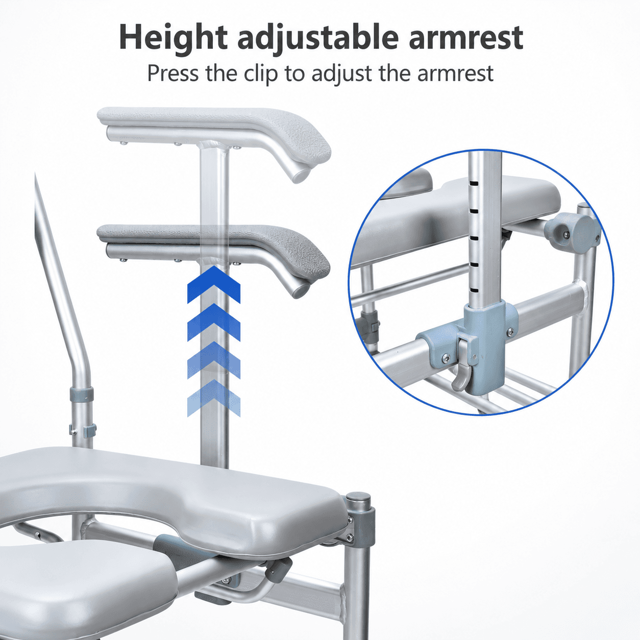 Lightweight Commode Chair With Wheels, Adjustable Armrests & Front Anti-Tipper image 3