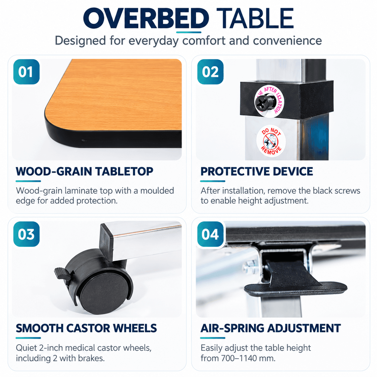Height Adjustable Overbed Table with 2 Lockable Wheels – Bedside Dining & Laptop Table, 25kg Capacity image 2