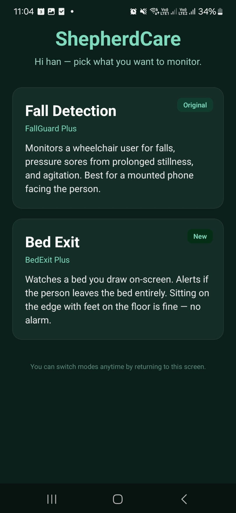Choose Fall Detection or Bed Exit mode